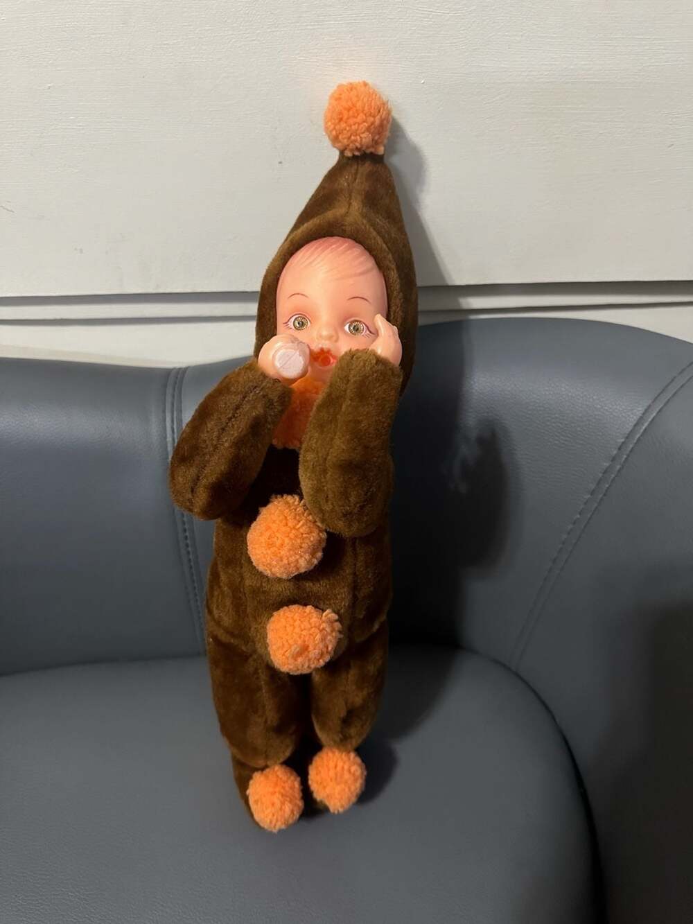Vintage Rushton Style Rubber Face Baby Doll Brown Plush SnowSuit Pom-Poms Bottle